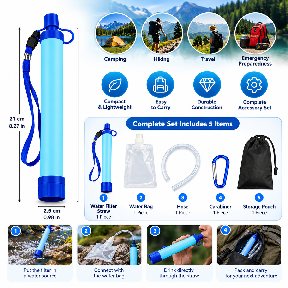 A water filter straw kit shown on a white background with product dimensions, feature icons, and included accessories. The main product is a blue cylindrical filter straw with a carrying strap, alongside a water bag, hose, carabiner, and black storage pouch.
