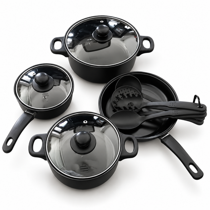 A 4-piece black nonstick cookware set on a white background, including two saucepans with glass lids, a small frying pan with utensils, and a stockpot with a glass lid.