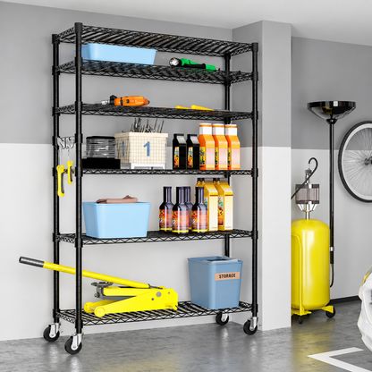 Gfilterspro Black 6-Tier Wire Shelving Rack with Six Adjustable Shelves and Caster Wheels in Garage Storage Setting