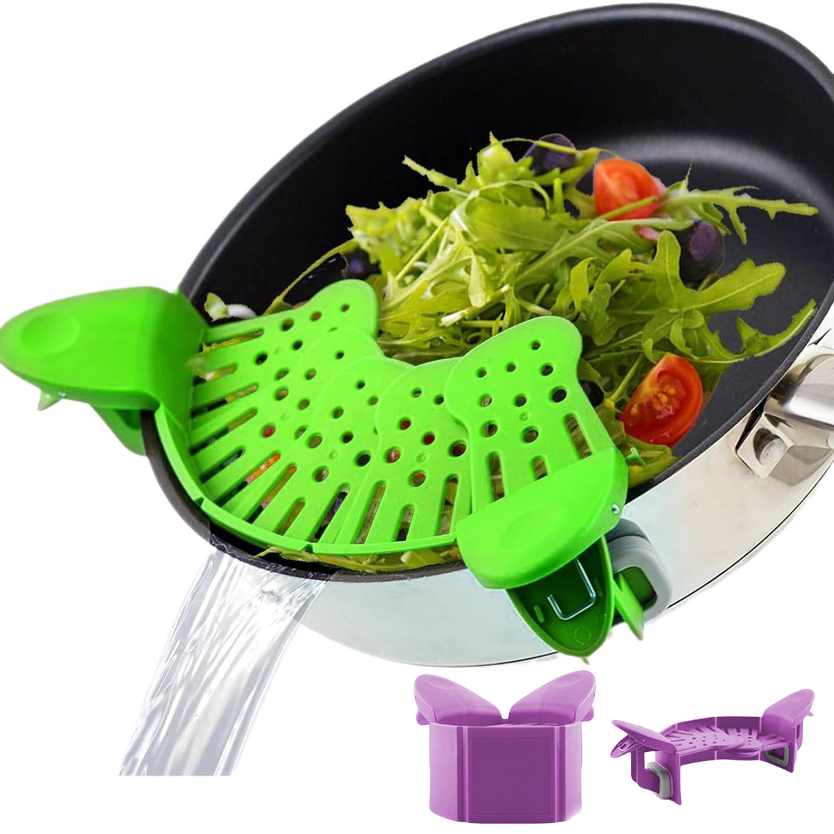 Green kitchen tool on a frying pan with vegetables, showing its use for cooking.