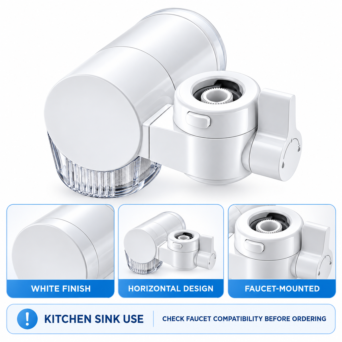 Gfilterspro white horizontal faucet mount water filter for kitchen sink installation.