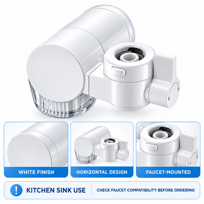 Gfilterspro white horizontal faucet mount water filter for kitchen sink installation.