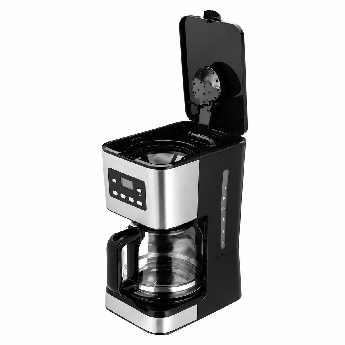A black and stainless steel drip coffee maker with its lid open, showing the coffee basket and glass carafe on a plain white background.