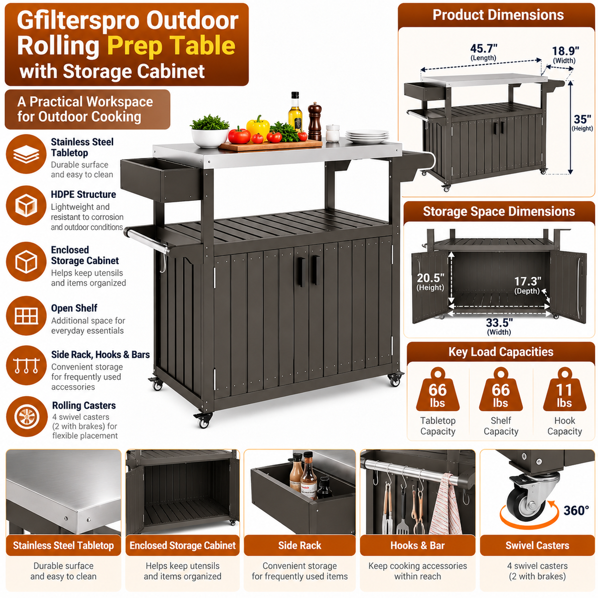 Gfilterspro outdoor rolling prep table with stainless steel top and dark gray storage cabinet.