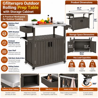 Gfilterspro outdoor rolling prep table with stainless steel top and dark gray storage cabinet.
