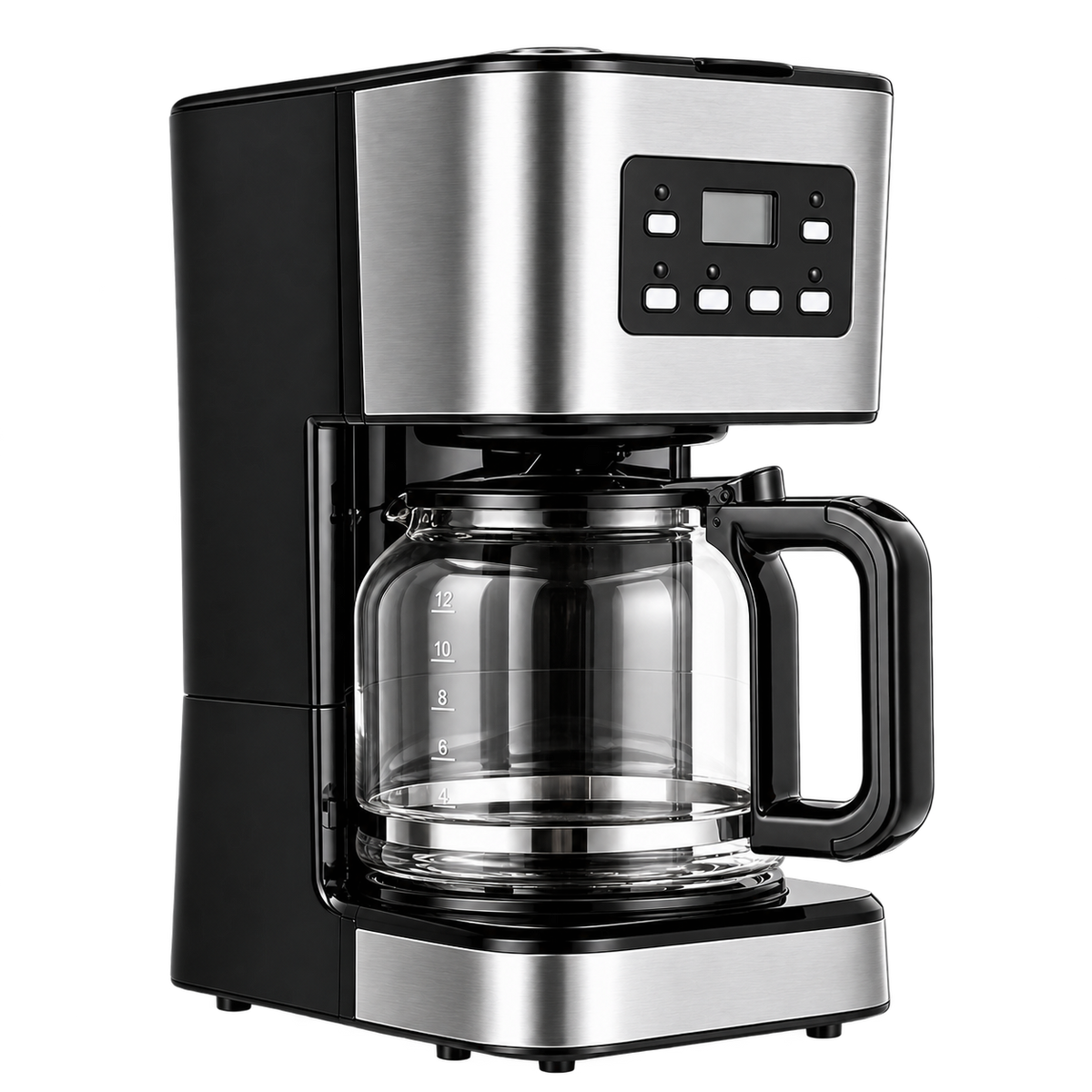 A modern drip coffee maker with a black and stainless steel body, featuring a glass carafe with a black handle and a digital control panel on the front.