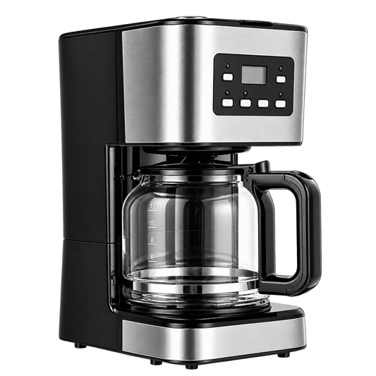 A modern drip coffee maker with a black and stainless steel body, featuring a glass carafe with a black handle and a digital control panel on the front.