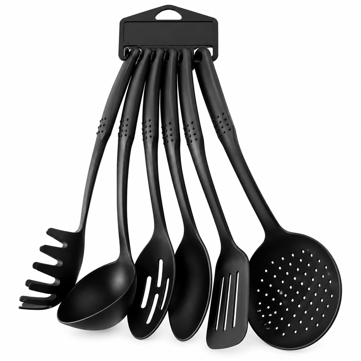 A 7-piece black silicone kitchen utensil set hanging from a black plastic retail hanger, featuring a spaghetti server, ladle, slotted spoon, mixing spoon, spatula, and a large slotted serving spoon, shown on a plain white background.