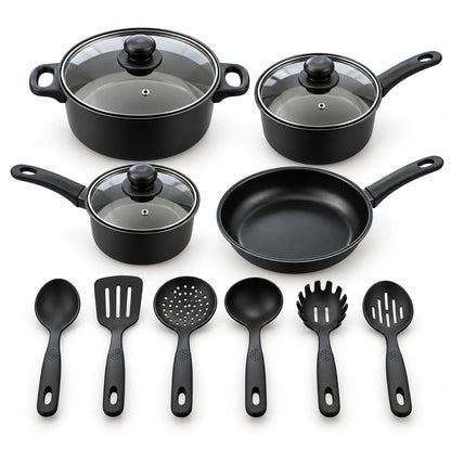 A 7-piece black non-stick cookware set with glass lids and matching utensils, including a saucepan, two pots, a frying pan, a spoon, a spatula, a slotted spoon, and a pasta server, arranged on a white background.