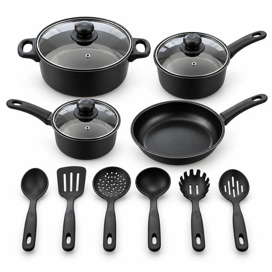 A 7-piece black non-stick cookware set with glass lids and matching utensils, including a saucepan, two pots, a frying pan, a spoon, a spatula, a slotted spoon, and a pasta server, arranged on a white background.