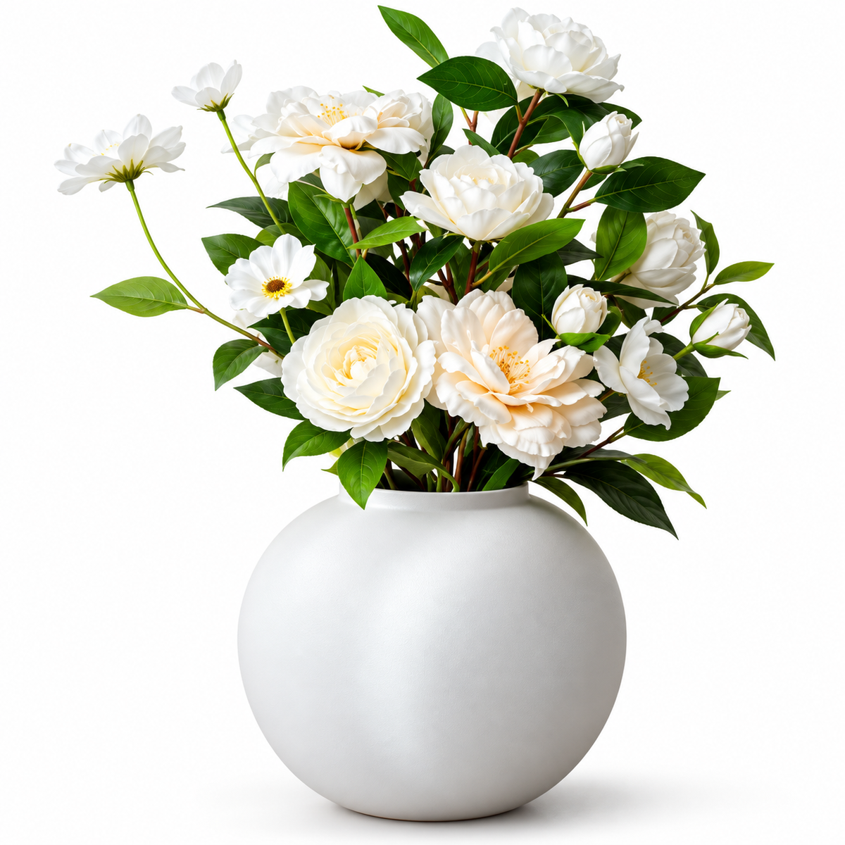 A white ceramic vase filled with white peony-like flowers and green leaves, photographed on a clean white background.