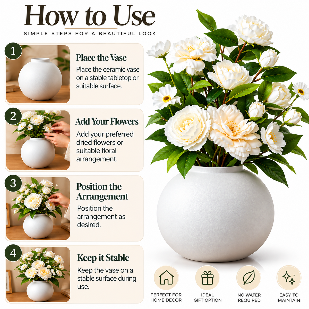 Instructional graphic titled 'How to Use' showing a white ceramic vase filled with large white flowers and green leaves, with four numbered steps on the left and benefit icons on the bottom right.