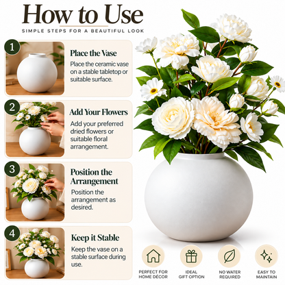 Instructional graphic titled 'How to Use' showing a white ceramic vase filled with large white flowers and green leaves, with four numbered steps on the left and benefit icons on the bottom right.
