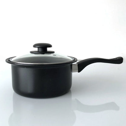 Black saucepan with a lid on a white background