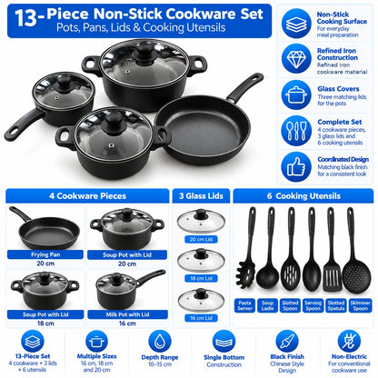 A 13-piece black non-stick cookware set displayed on a blue infographic background, including pots, pans, lids, and utensils with text callouts describing features and sizes.