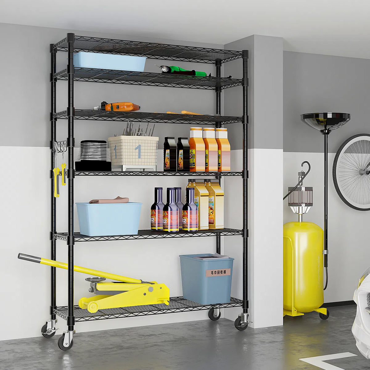 Black metal shelving unit with various items in a garage setting