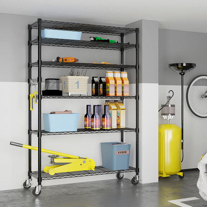 Black metal shelving unit with various items in a garage setting