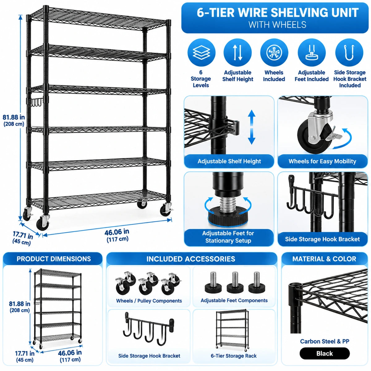 Wheel components on the black rolling wire shelving unit for mobile storage configuration.