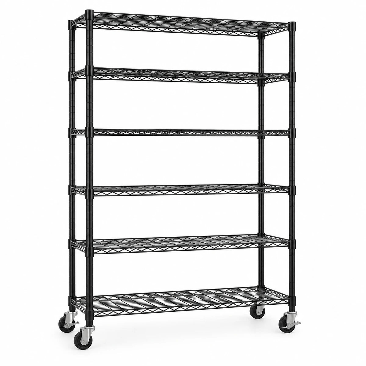 Close-up of adjustable black carbon steel wire shelves on the six-tier storage rack.