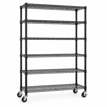 Close-up of adjustable black carbon steel wire shelves on the six-tier storage rack.