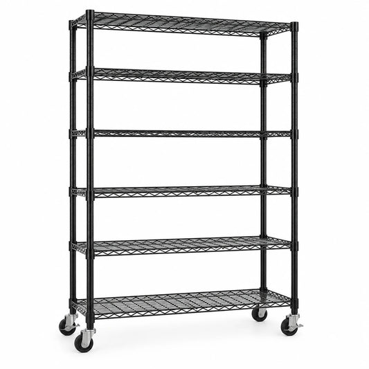Close-up of adjustable black carbon steel wire shelves on the six-tier storage rack.