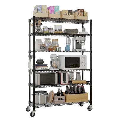 Multilevel metal shelving unit with kitchen appliances and items on a white background