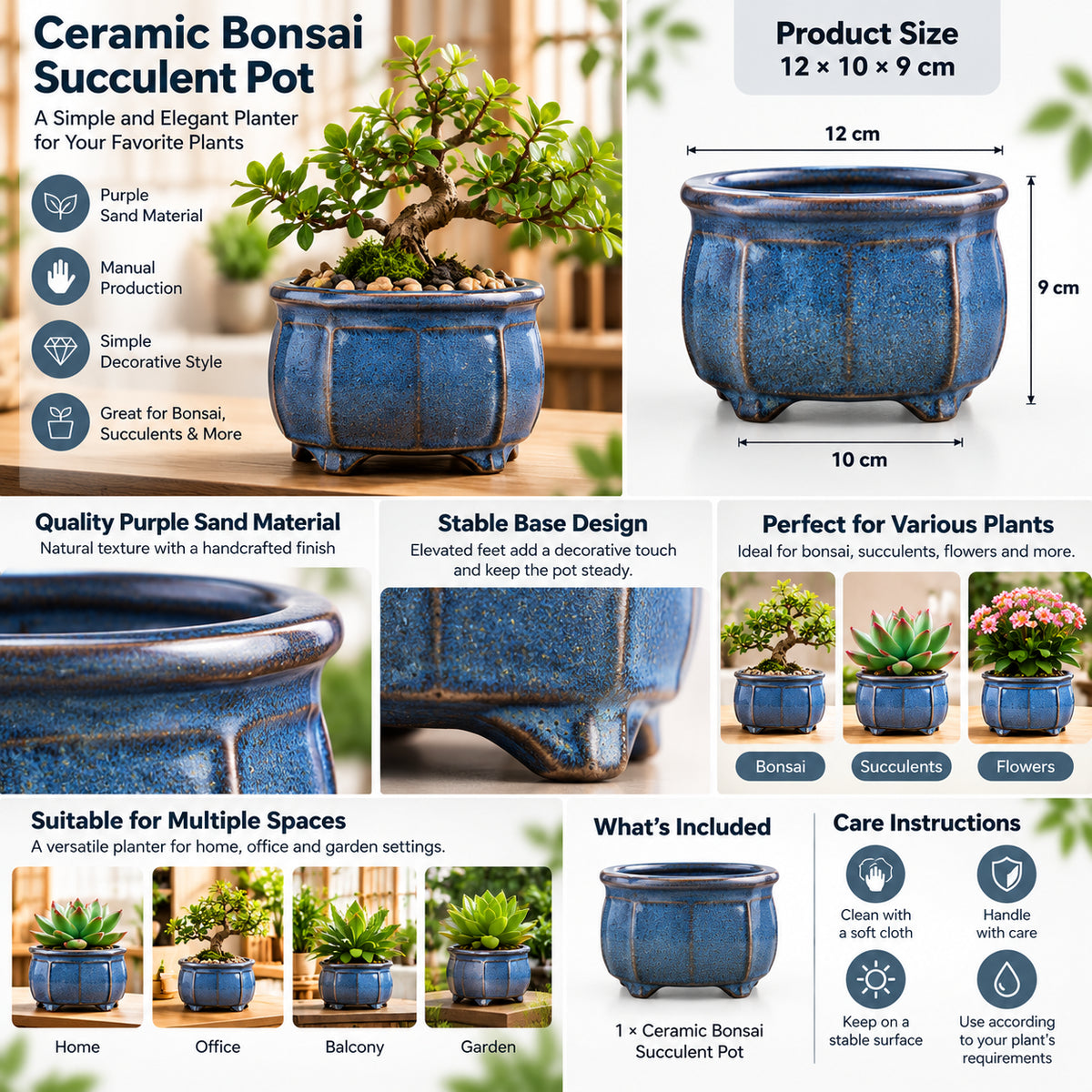 A collage-style product listing graphic for a ceramic Bonsai Succulent Pot. The main product is shown in a glossy blue glazed pot with a small bonsai plant inside, surrounded by feature callouts, dimensions (12 x 10 x 9 cm), usage examples, care instructions, and a product included badge on a white background.