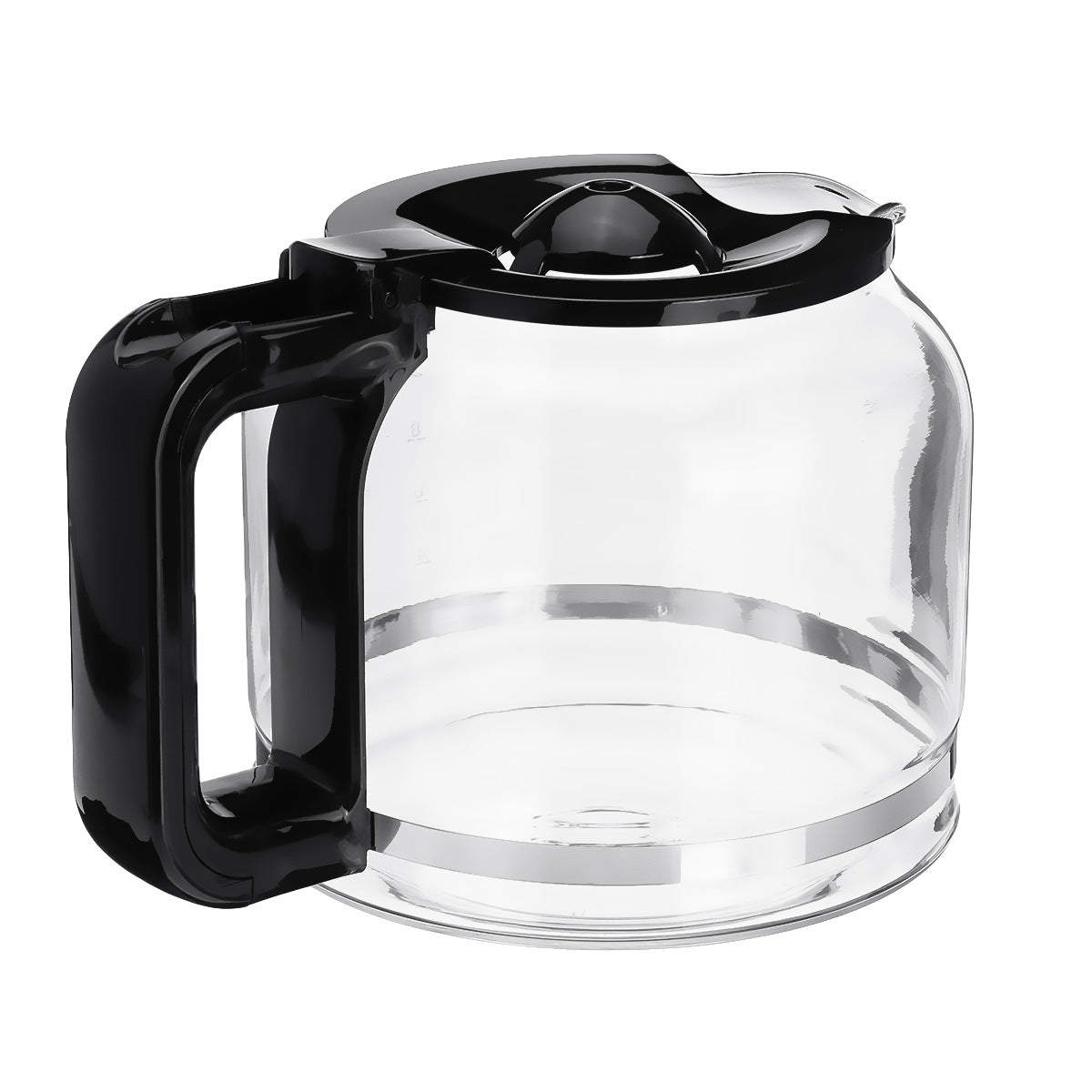 Clear glass coffee carafe with black plastic handle on a white background