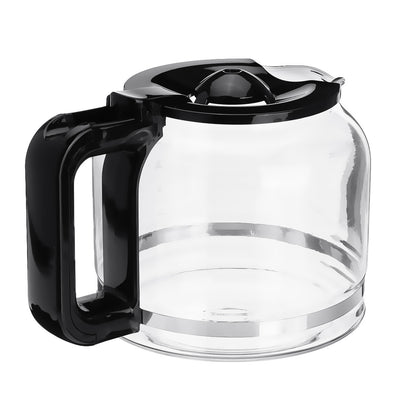 Clear glass coffee carafe with black plastic handle on a white background