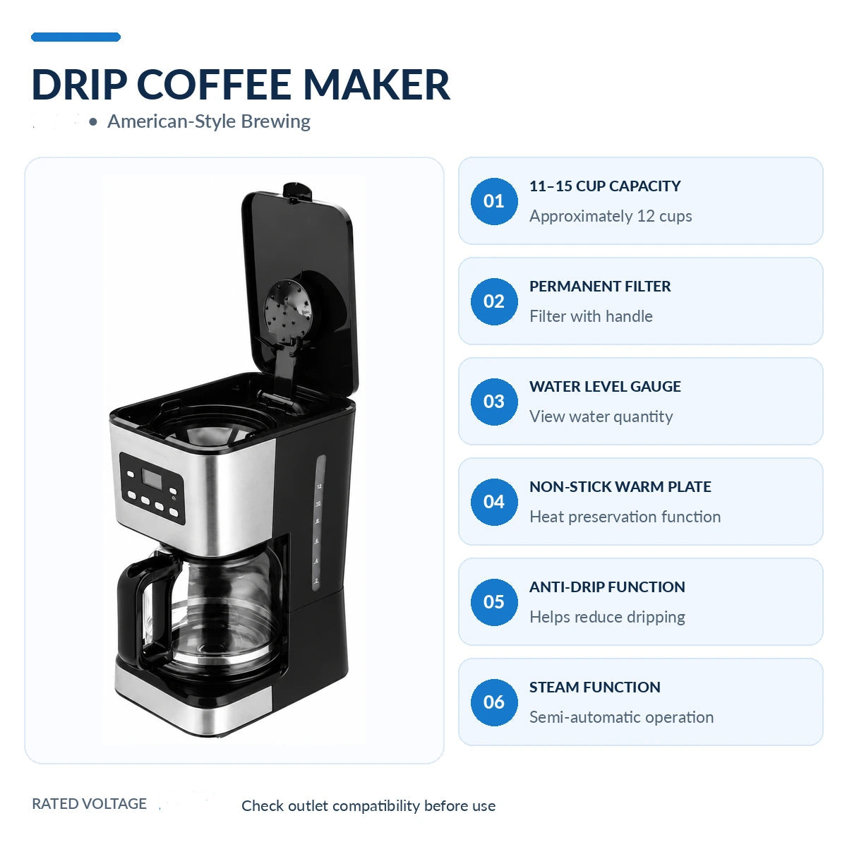 Water level gauge and removable drip tray on the drip coffee machine.