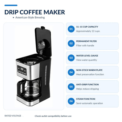 Water level gauge and removable drip tray on the drip coffee machine.