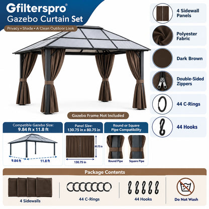 Gfilterspro Gazebo Replacement Curtains, 4 Panels, Dark Brown