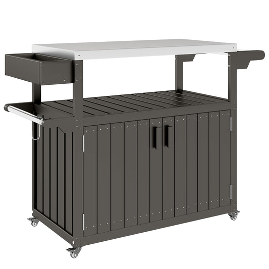 Gfilterspro Dark Gray Outdoor Rolling Prep Table with Stainless Steel Top, Storage Cabinet and Swivel Wheels