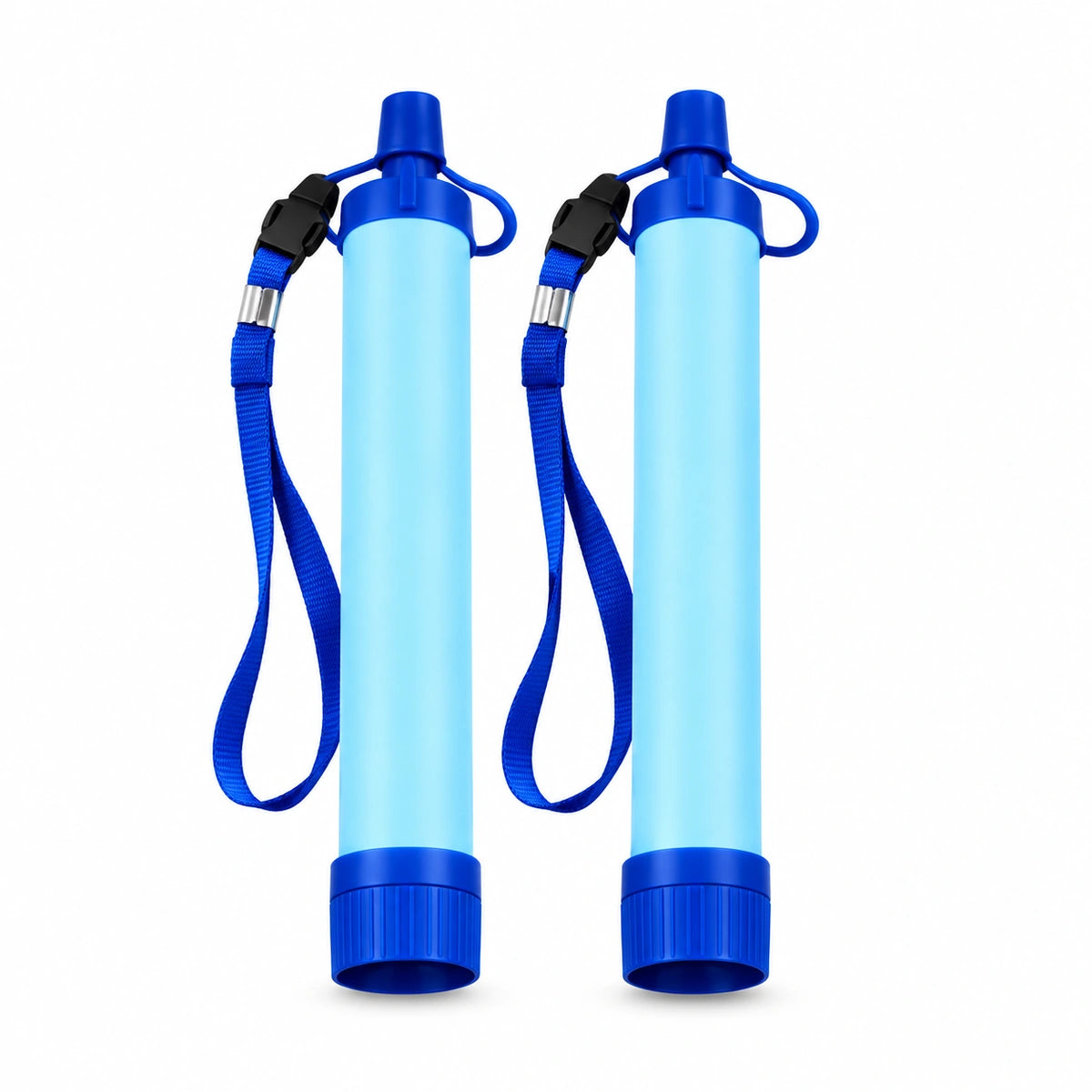 Two light blue cylindrical tools with dark blue caps, straps, and handles, shown side by side on a plain white background.