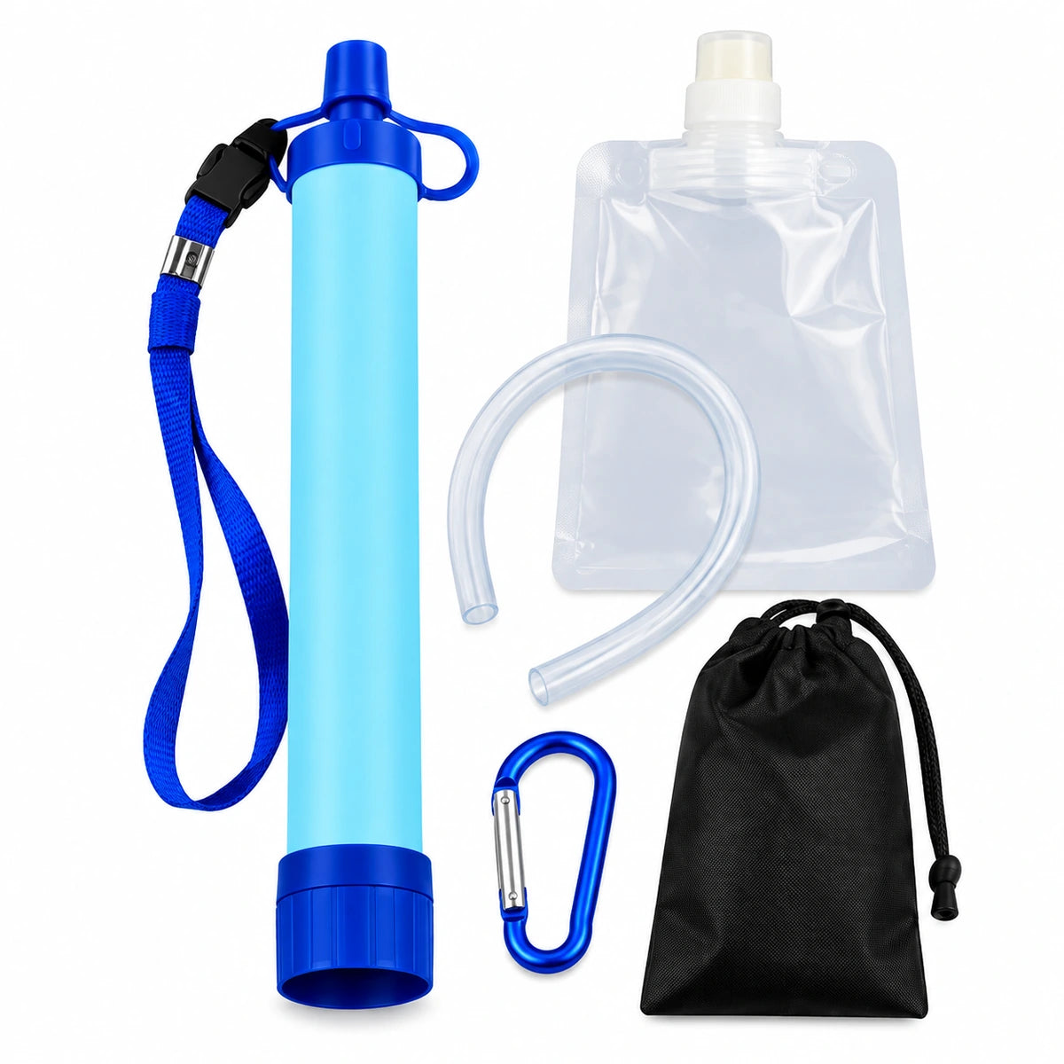 Water filter kit with a light blue cylindrical filter stick, blue strap, clear tubing, a clear water pouch, a blue carabiner, and a black drawstring pouch on a white background.
