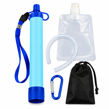 Water filter kit with a light blue cylindrical filter stick, blue strap, clear tubing, a clear water pouch, a blue carabiner, and a black drawstring pouch on a white background.