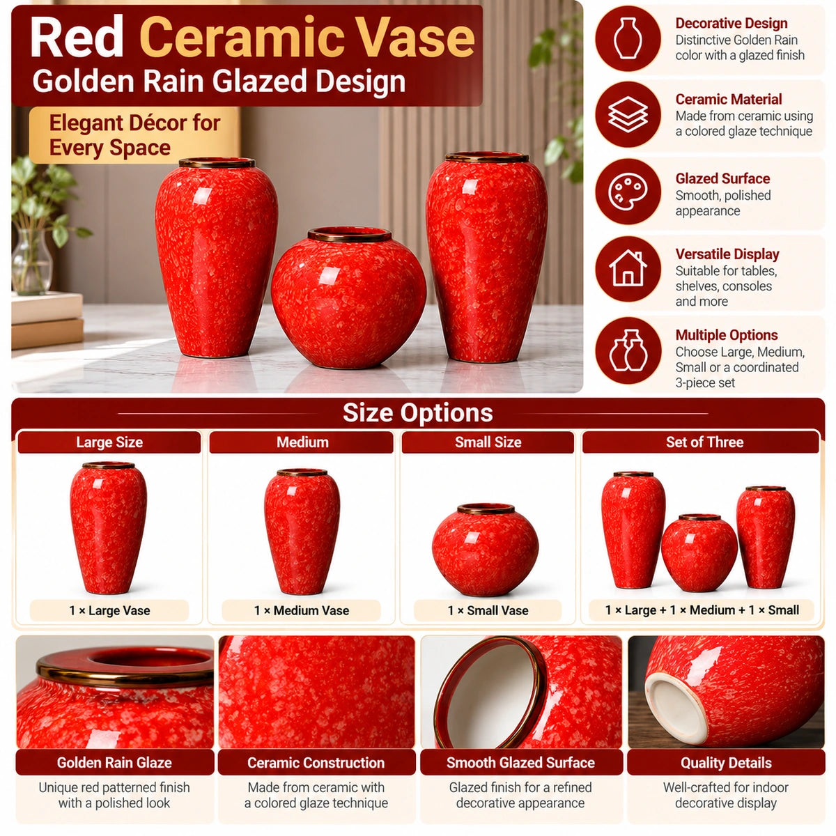 A product infographic for a set of red ceramic vases with a golden rain glaze finish, showing three sizes of the vases, product features, size options, and close-up detail photos on a white background with red and black text boxes.