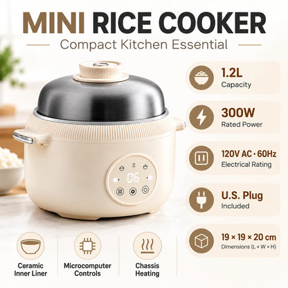 A beige mini rice cooker with a black lid, shown on a light countertop with promotional text and feature callouts around it. The text highlights 1.