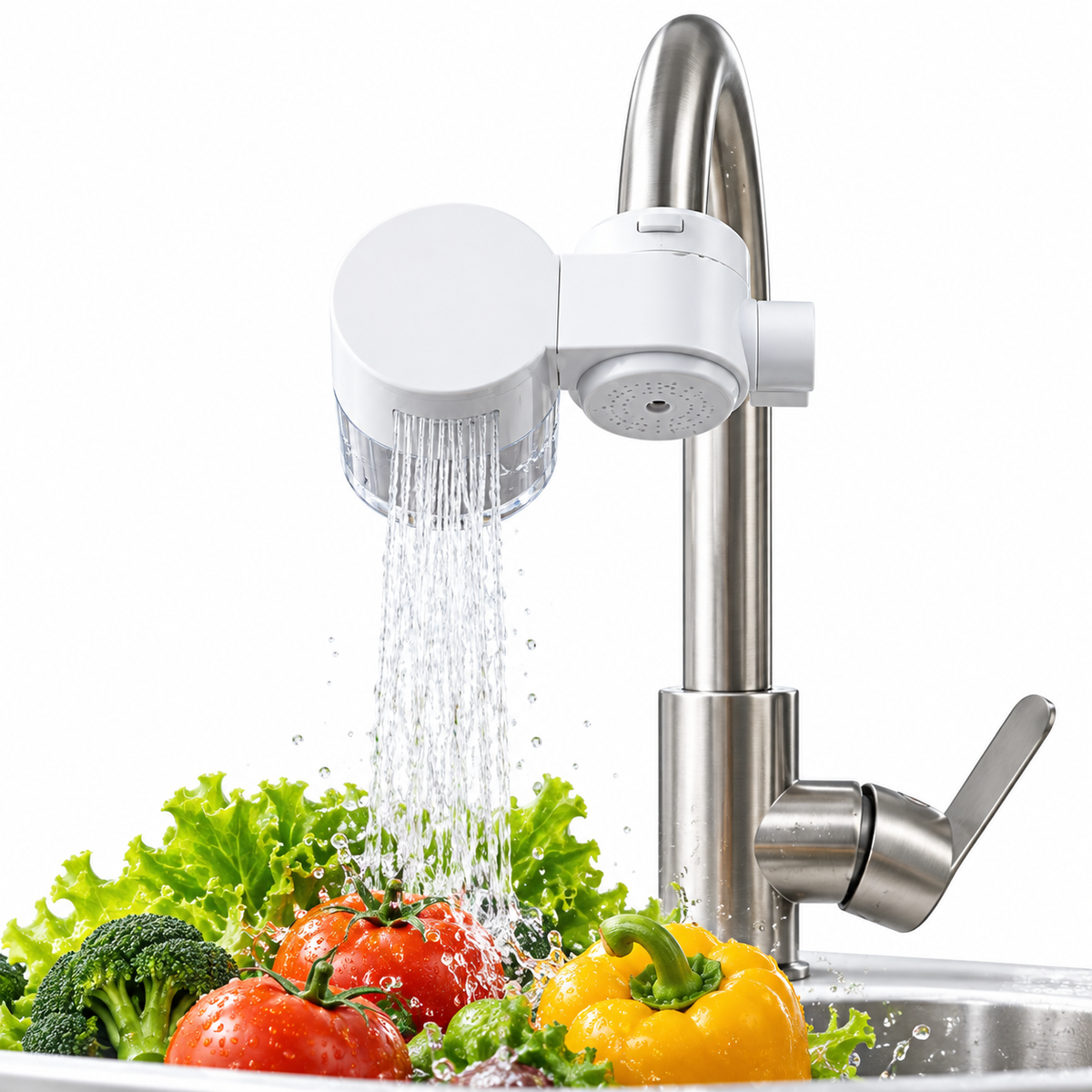 A white and clear water filter attachment mounted on a stainless steel kitchen faucet, with water flowing into a sink filled with fresh vegetables including lettuce, tomatoes, broccoli, and a yellow bell pepper, on a white background.