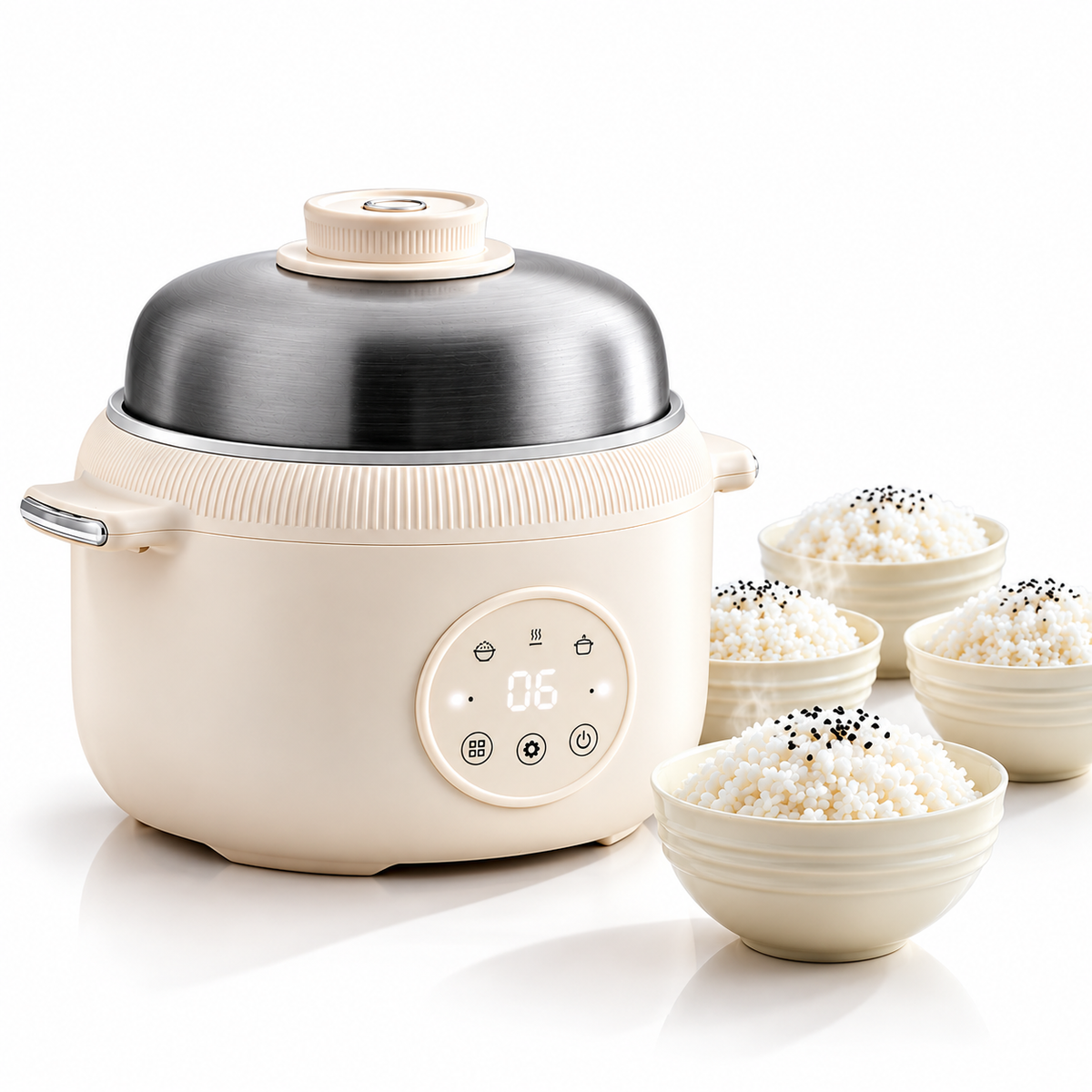 A cream-colored multi-cooker with a stainless steel inner pot and lid, shown alongside four bowls of white rice with black sesame seeds on a clean white background.