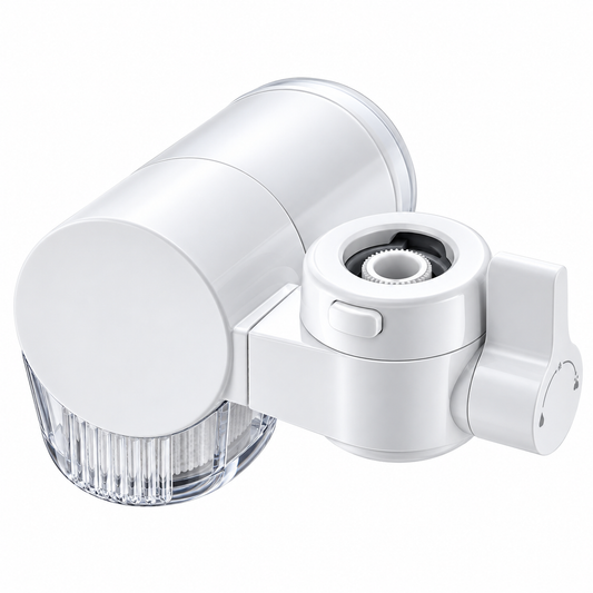 A white water filter adapter with a clear ribbed bottom housing a small light, shown on a plain white background.