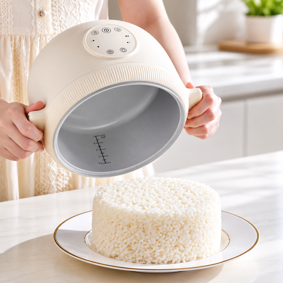A person holds a large off-white rice cooker pot tilted over a plate of cooked white rice on a bright kitchen counter.