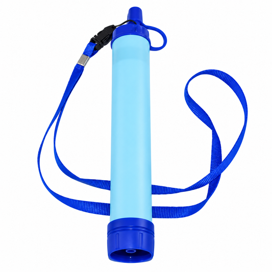 A light blue collapsible water filter straw bottle with dark blue plastic caps and a matching blue carrying strap, shown on a solid white background.