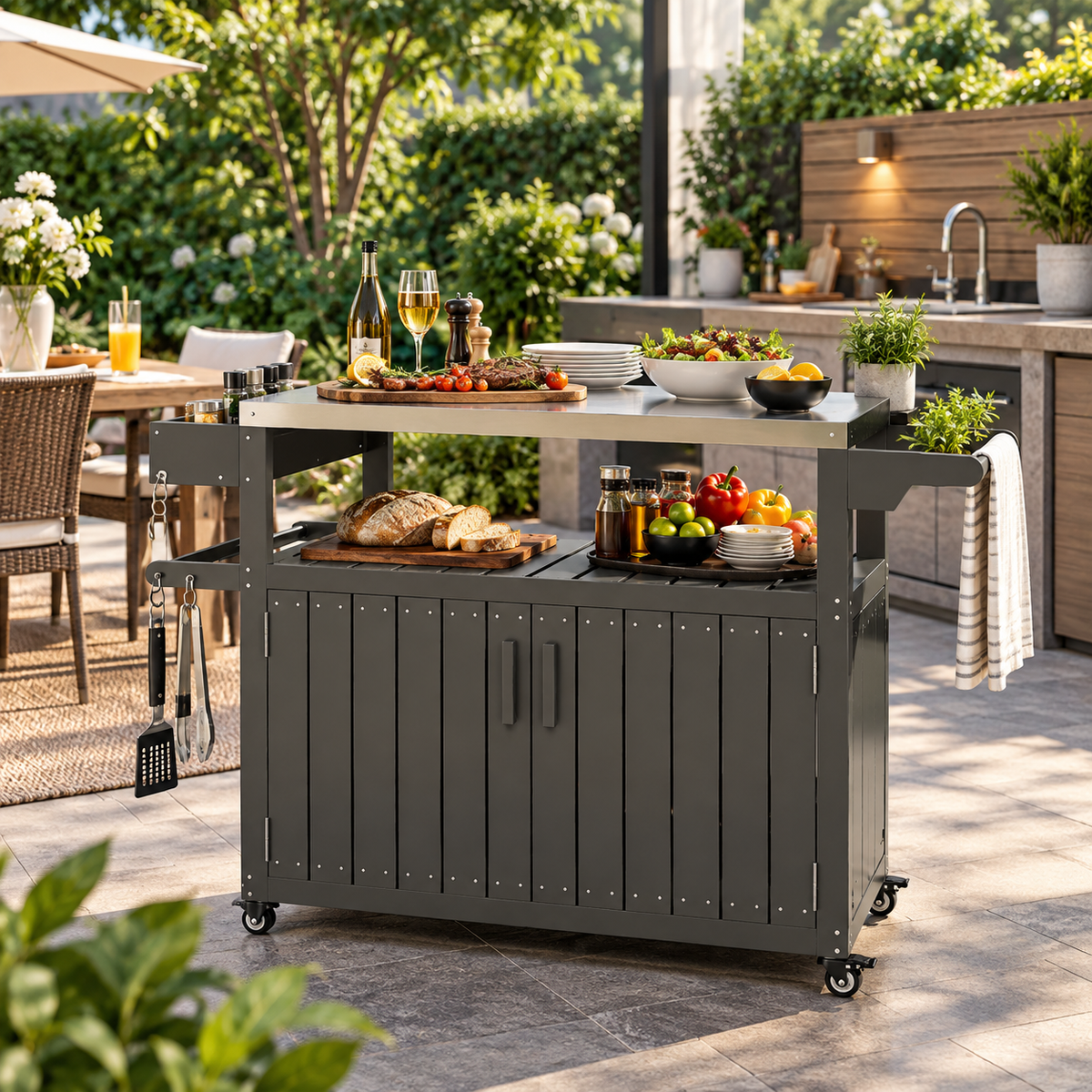 A dark gray outdoor kitchen cart with wheels, shown on a patio with food and dining elements around it. The cart has a metal top surface, a lower cabinet section with vertical slats, open shelving, and hanging utensils on the left side.