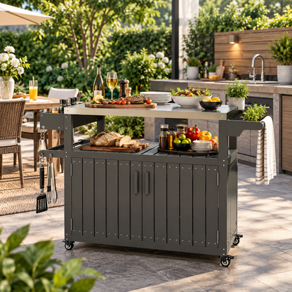 A dark gray outdoor kitchen cart with wheels, shown on a patio with food and dining elements around it. The cart has a metal top surface, a lower cabinet section with vertical slats, open shelving, and hanging utensils on the left side.