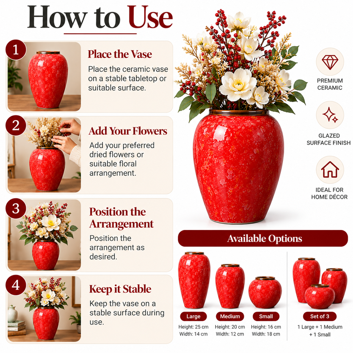 An infographic titled 'How to Use' showing a glossy red ceramic vase with flowers, step-by-step instructions for placing and arranging the vase, available sizes, and feature icons for premium ceramic, glazed surface finish, and home decor use.