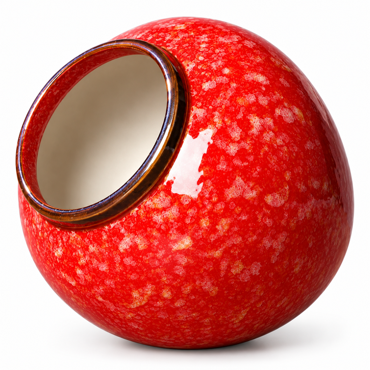 A glossy ceramic vase with a rounded, apple-like shape, featuring a vibrant red speckled glaze, a dark brown rim, and a cream-colored interior, shown on a white background.