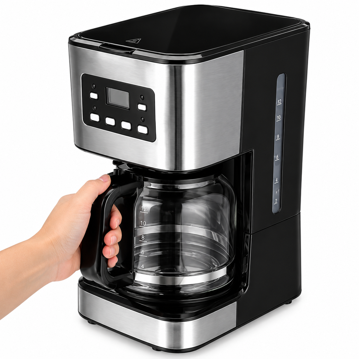 A black and stainless steel drip coffee maker with a glass carafe, shown with a hand holding the handle on a white background.