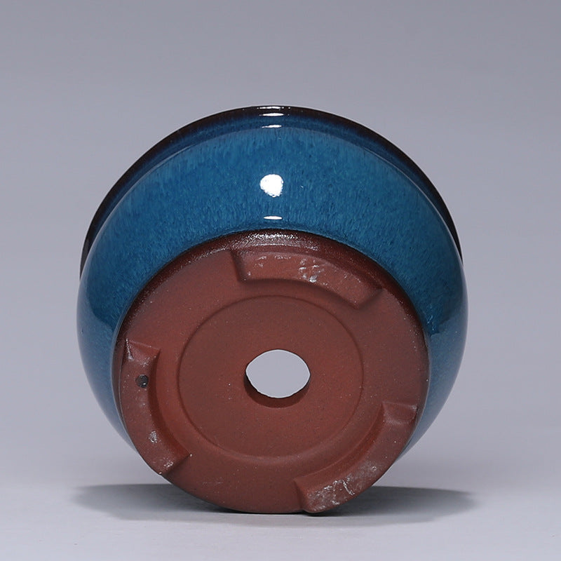 Gfilterspro Blue Ceramic Bonsai Pot Showing Brown Base and Drainage Hole