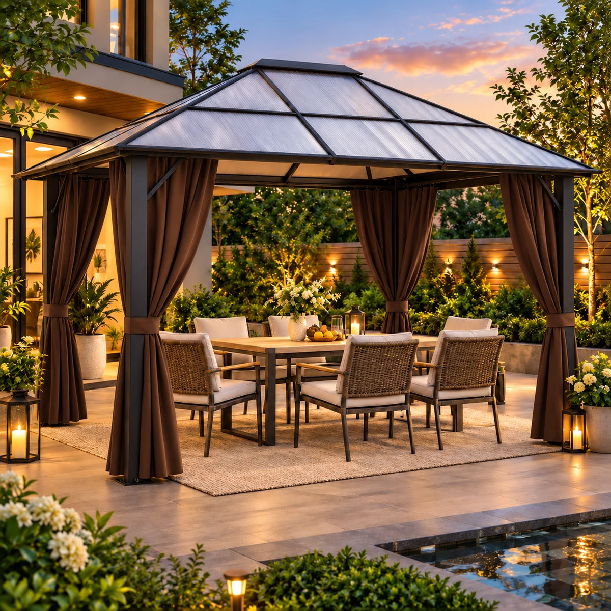 A large outdoor patio gazebo with dark brown curtains and a glass roof, housing a dining set with wicker chairs and a table, set in a beautifully landscaped backyard at dusk.